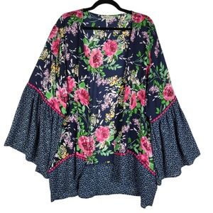 Pioneer Woman Floral Ruffled Sleeve Kimono Women's XL Blue Pink Ruffled Romantic